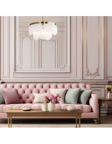 Nowoczesny żyrandol AURORA ze szkła i mosiądzu, idealny do salonu i jadalni, z eleganckim designem i przyjemnym światłem.