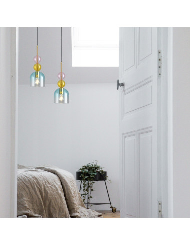 Lampa wisząca PASTELLO BLUE - elegancka lampa w pastelowych kolorach z szklanym kloszem i złotym wykończeniem