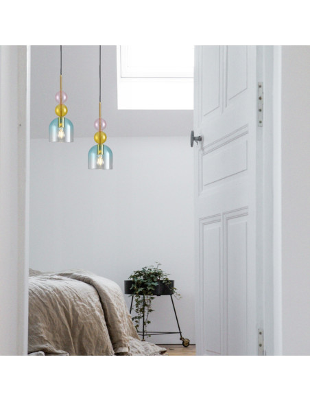 Lampa wisząca PASTELLO BLUE - elegancka lampa w pastelowych kolorach z szklanym kloszem i złotym wykończeniem