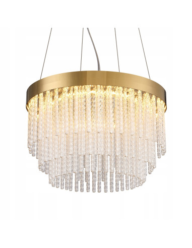 Nowoczesna Lampa Wisząca GLORIA z Kryształowymi Pałeczkami, Złote Wykończenie, Ciepłe Światło LED, 220 cm wysokości