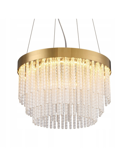 Nowoczesna Lampa Wisząca GLORIA z Kryształowymi Pałeczkami, Złote Wykończenie, Ciepłe Światło LED, 220 cm wysokości