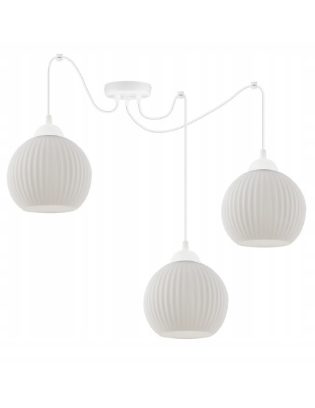 Nowoczesna lampa wisząca RIFFLE z białymi kloszami - eleganckie oświetlenie do jadalni, salonu i biura, regulowana wysokość.