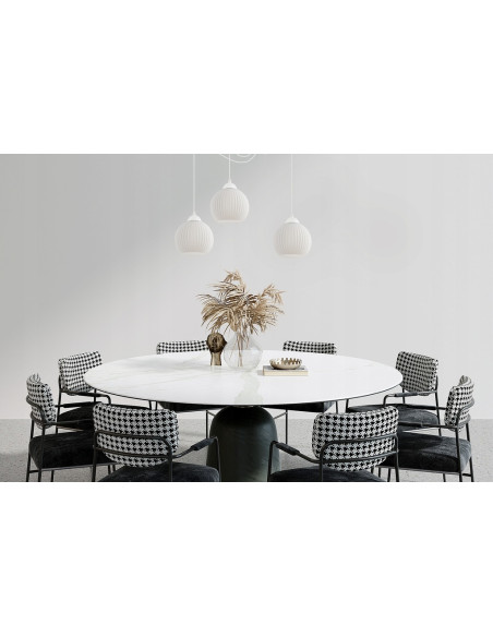 Nowoczesna lampa wisząca RIFFLE z białymi kloszami - eleganckie oświetlenie do jadalni, salonu i biura, regulowana wysokość.