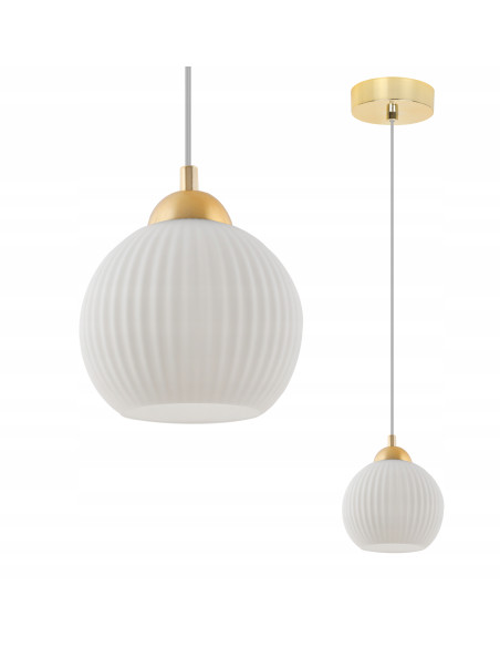 Elegancka lampa wisząca RIFFLE z białym kloszem, regulowana długość, idealna do jadalni i sypialni.