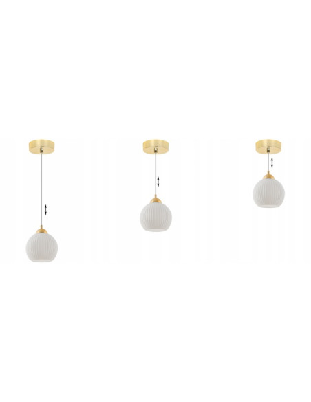 Elegancka lampa wisząca RIFFLE z białym kloszem, regulowana długość, idealna do jadalni i sypialni.