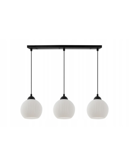 Nowoczesna lampa wisząca RIFFLE z trzema źródłami światła, minimalistyczny design w bieli i czerni do jadalni i salonu.