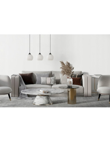 Nowoczesna lampa wisząca RIFFLE z trzema źródłami światła, minimalistyczny design w bieli i czerni do jadalni i salonu.