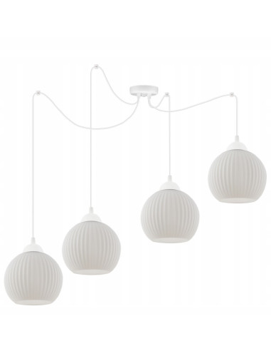 Żyrandol RIFFLE - Nowoczesny, cztero-ramienny kandelabr z białymi kloszami do eleganckich wnętrz i sypialni.