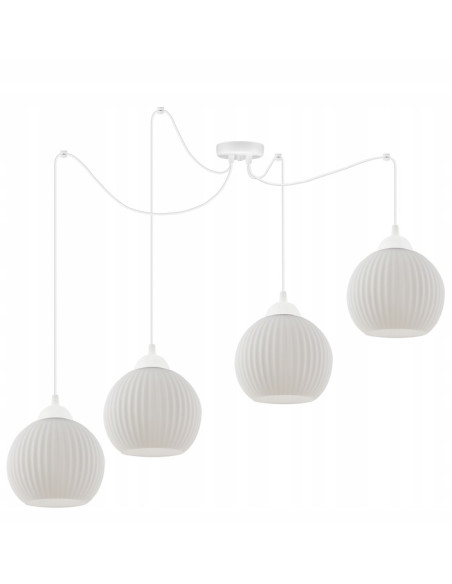 Żyrandol RIFFLE - Nowoczesny, cztero-ramienny kandelabr z białymi kloszami do eleganckich wnętrz i sypialni.