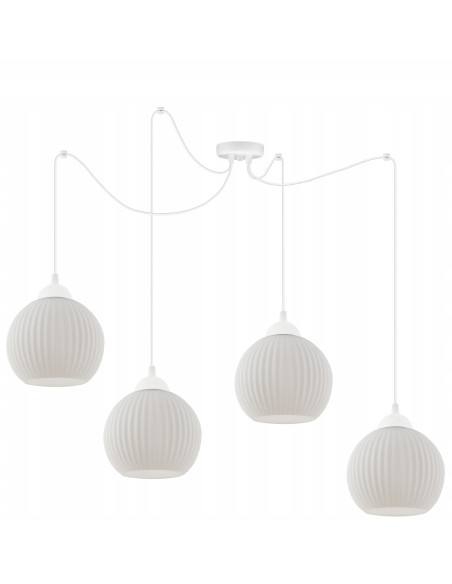 Żyrandol RIFFLE - Nowoczesny, cztero-ramienny kandelabr z białymi kloszami do eleganckich wnętrz i sypialni.
