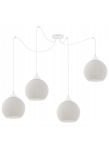 Żyrandol RIFFLE - Nowoczesny, cztero-ramienny kandelabr z białymi kloszami do eleganckich wnętrz i sypialni.