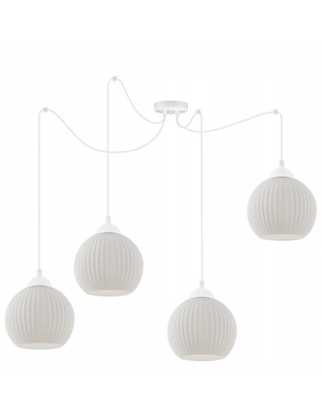 Żyrandol RIFFLE - Nowoczesny, cztero-ramienny kandelabr z białymi kloszami do eleganckich wnętrz i sypialni.