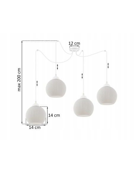 Żyrandol RIFFLE - Nowoczesny, cztero-ramienny kandelabr z białymi kloszami do eleganckich wnętrz i sypialni.