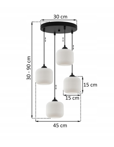 Lampa sufitowa RIFFLE 4-punktowa z falowanymi kloszami, eleganckie oświetlenie do jadalni i salonu