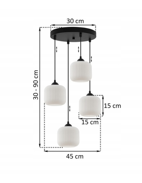 Lampa sufitowa RIFFLE 4-punktowa z falowanymi kloszami, eleganckie oświetlenie do jadalni i salonu