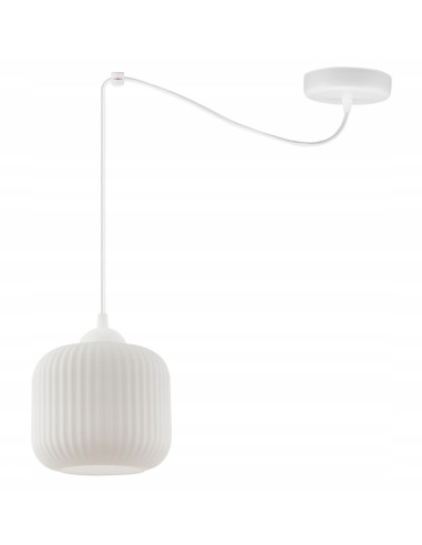 Elegancka lampa wisząca RIFFLE z regulacją wysokości i szklanym kloszem - idealna do salonu i jadalni, biały kolor.