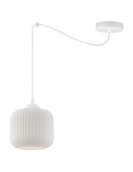 Elegancka lampa wisząca RIFFLE z regulacją wysokości i szklanym kloszem - idealna do salonu i jadalni, biały kolor.