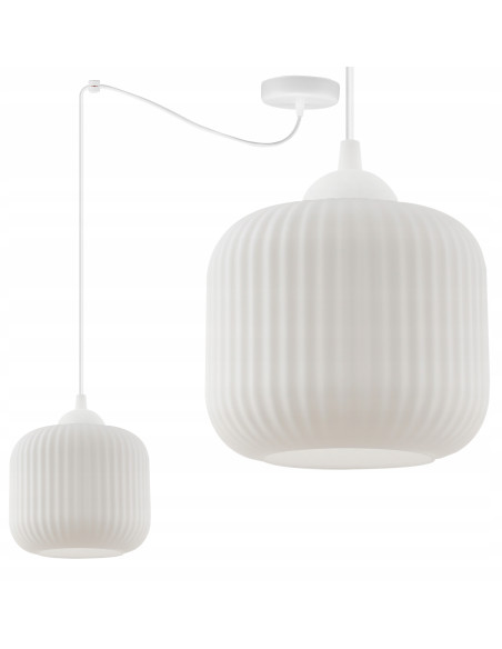 Elegancka lampa wisząca RIFFLE z regulacją wysokości i szklanym kloszem - idealna do salonu i jadalni, biały kolor.