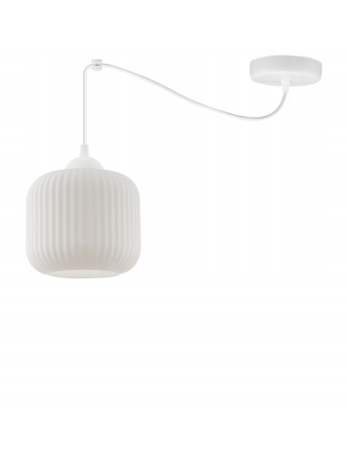 Elegancka lampa wisząca RIFFLE z regulacją wysokości i szklanym kloszem - idealna do salonu i jadalni, biały kolor.