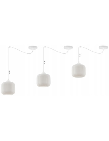 Elegancka lampa wisząca RIFFLE z regulacją wysokości i szklanym kloszem - idealna do salonu i jadalni, biały kolor.