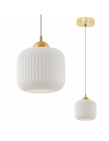 Lampa wisząca RIFFLE – elegancka lampa z białym kloszem i złotymi detalami do biura i salonu