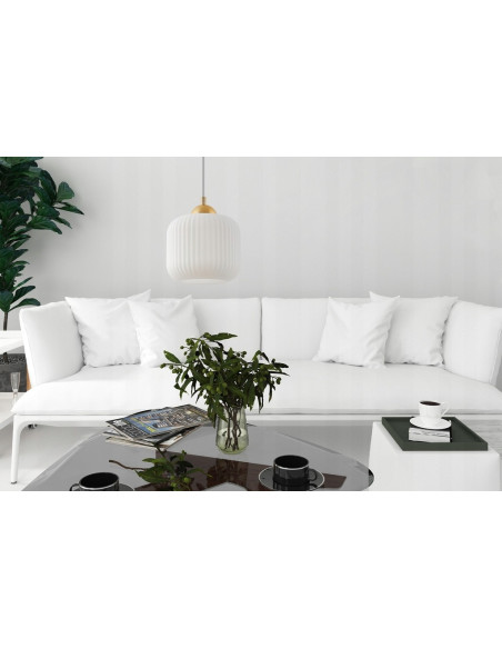 Lampa wisząca RIFFLE – elegancka lampa z białym kloszem i złotymi detalami do biura i salonu