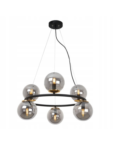 Lampa wisząca AURA w stylu glamour z kulistymi kloszami i złotym akcentem, 6 punktów świetlnych E14, 65 cm