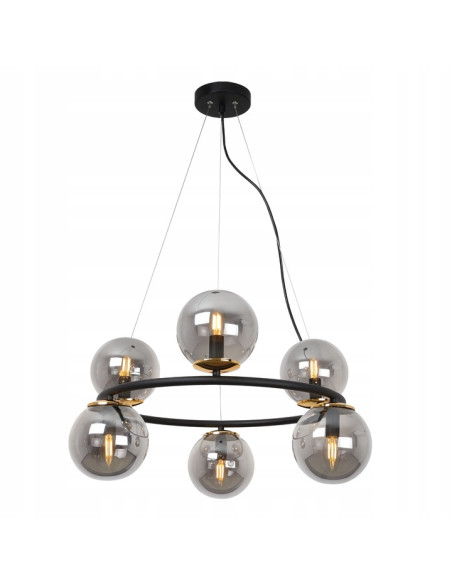 Lampa wisząca AURA w stylu glamour z kulistymi kloszami i złotym akcentem, 6 punktów świetlnych E14, 65 cm