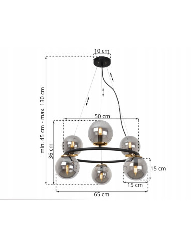 Lampa wisząca AURA w stylu glamour z kulistymi kloszami i złotym akcentem, 6 punktów świetlnych E14, 65 cm