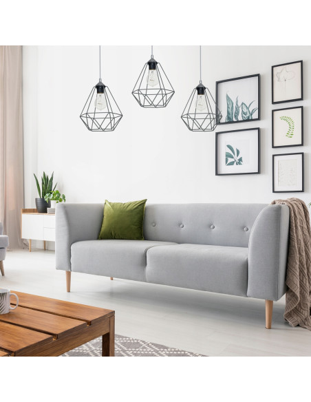 Potrójny zwis sufitowy MiLAGRO BASKET z szarymi diamentowymi kloszami – nowoczesne oświetlenie do jadalni.