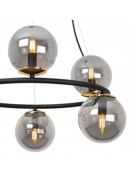 Lampa wisząca AURA w stylu glamour z kulistymi kloszami i złotym akcentem, 6 punktów świetlnych E14, 65 cm