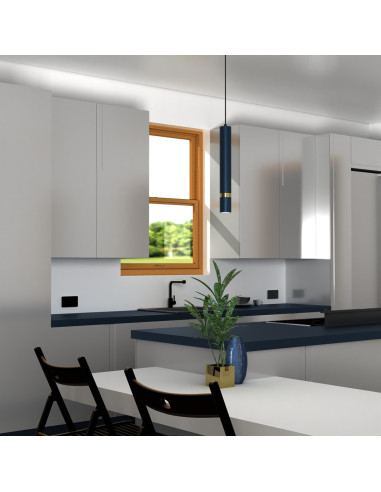 Lampka wisząca minimalistyczna JOKER w kolorze szafirowym z metalowym kloszem GU10 do jadalni