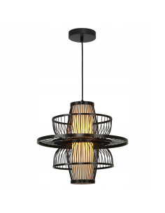 Lampa wisząca Astra Japandi - czarna z ratanu i drewna, geometryczny design do nowoczesnych wnętrz