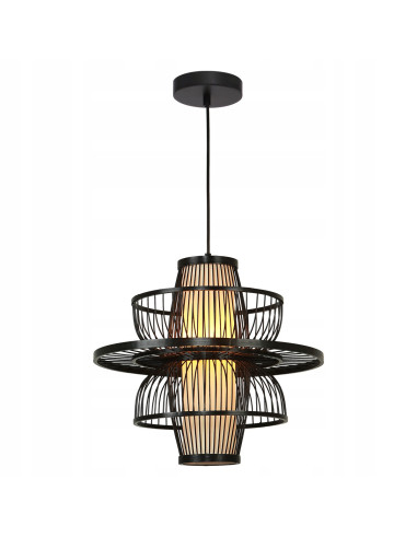 Lampa wisząca Astra Japandi - czarna z ratanu i drewna, geometryczny design do nowoczesnych wnętrz