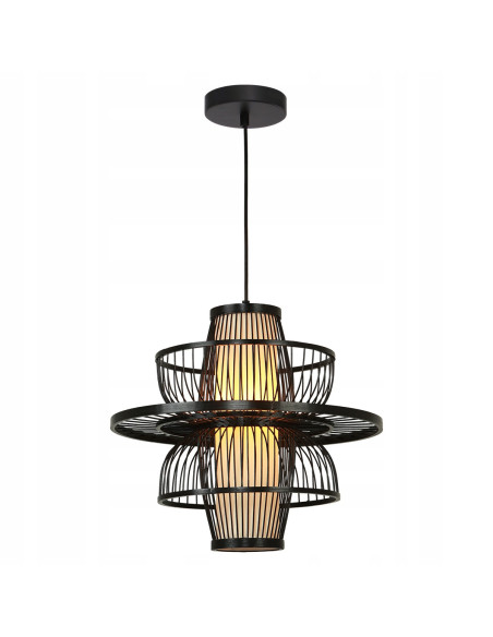 Lampa wisząca Astra Japandi - czarna z ratanu i drewna, geometryczny design do nowoczesnych wnętrz