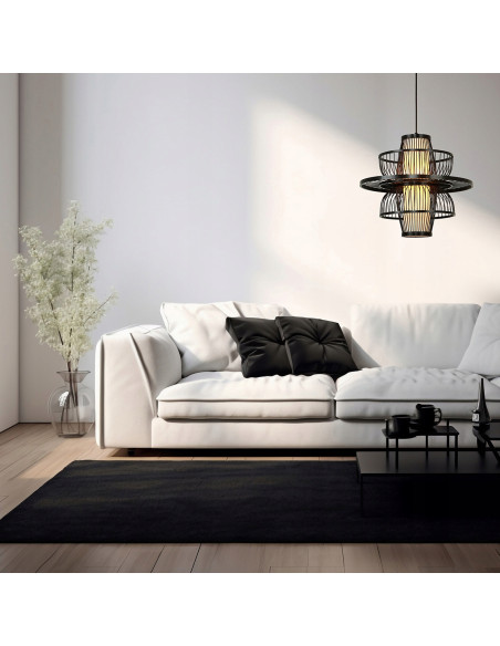 Lampa wisząca Astra Japandi - czarna z ratanu i drewna, geometryczny design do nowoczesnych wnętrz