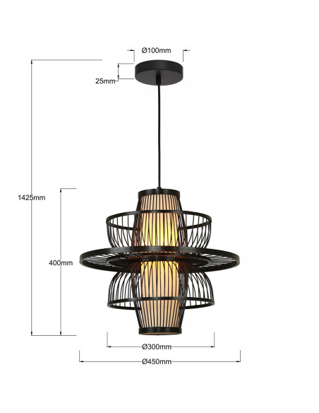 Lampa wisząca Astra Japandi - czarna z ratanu i drewna, geometryczny design do nowoczesnych wnętrz