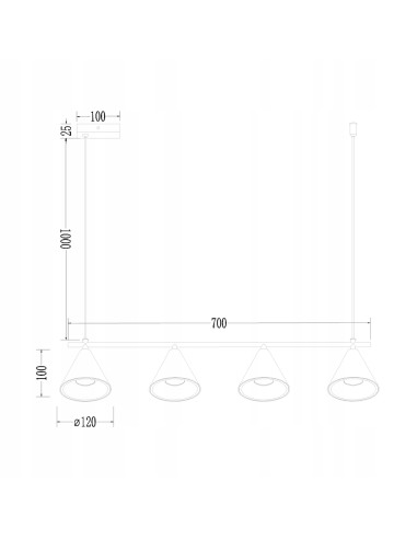 Elegancka lampa sufitowa Cone z 4 reflektorami w złotym wykończeniu do nowoczesnych wnętrz kuchni i jadalni