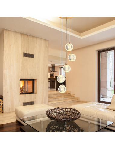 Lampa wisząca LED Brillant 5-punktowa, złota, regulowana barwa światła, styl glamour do eleganckich wnętrz