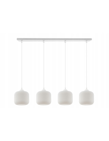 Lampa wisząca RIFFLE, biała z szklanymi kloszami, 4 źródła światła, regulowana długość, eleganckie oświetlenie do wnętrz.