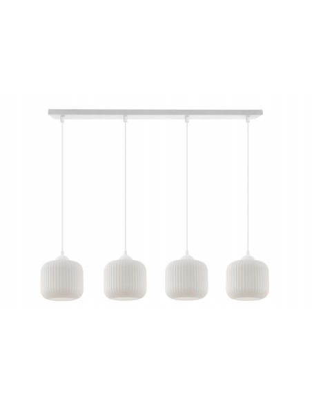 Lampa wisząca RIFFLE, biała z szklanymi kloszami, 4 źródła światła, regulowana długość, eleganckie oświetlenie do wnętrz.