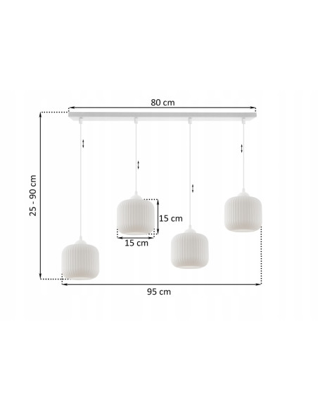 Lampa wisząca RIFFLE, biała z szklanymi kloszami, 4 źródła światła, regulowana długość, eleganckie oświetlenie do wnętrz.