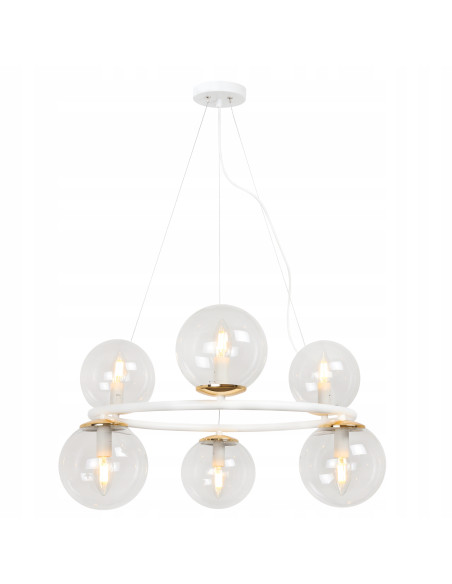 Lampa Wisząca AURA - Eleganckie Oświetlenie z 6 Kloszami, Biały Metal, E14, Klasa A, Idealna do Wnętrz