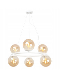Nowoczesna lampa wisząca AURA z kulistymi kloszami, 6 punktów świetlnych E14, biała, elegancka do każdego wnętrza.