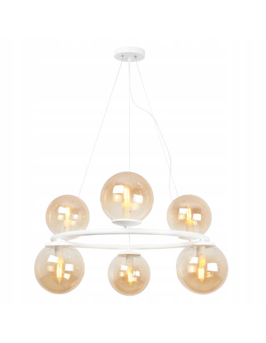 Nowoczesna lampa wisząca AURA z kulistymi kloszami, 6 punktów świetlnych E14, biała, elegancka do każdego wnętrza.