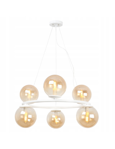 Nowoczesna lampa wisząca AURA z kulistymi kloszami, 6 punktów świetlnych E14, biała, elegancka do każdego wnętrza.