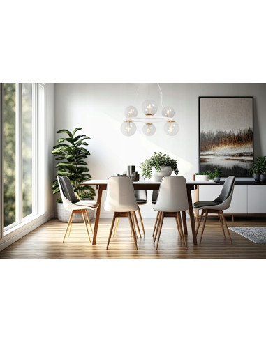 Lampa Wisząca AURA - Eleganckie Oświetlenie z 6 Kloszami, Biały Metal, E14, Klasa A, Idealna do Wnętrz