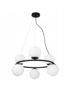 Żyrandol AURA Ring - Eleganckie oświetlenie z białymi kloszami E14, regulowana wysokość, 6 punktów światła, nowoczesny design