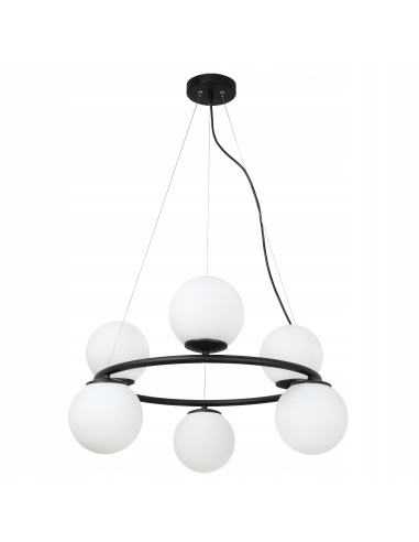 Żyrandol AURA Ring - Eleganckie oświetlenie z białymi kloszami E14, regulowana wysokość, 6 punktów światła, nowoczesny design