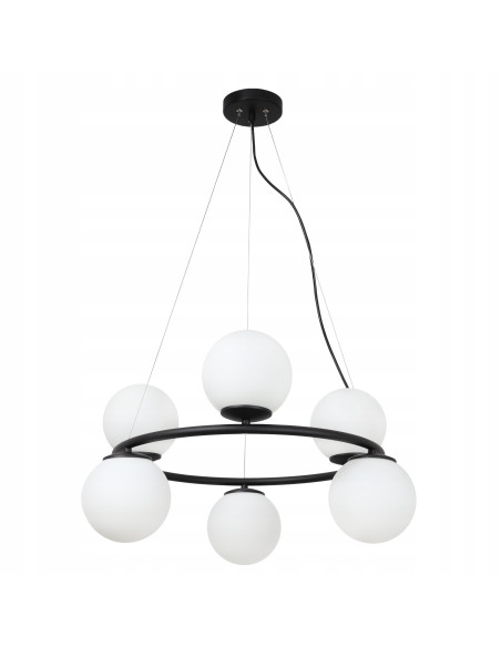 Żyrandol AURA Ring - Eleganckie oświetlenie z białymi kloszami E14, regulowana wysokość, 6 punktów światła, nowoczesny design